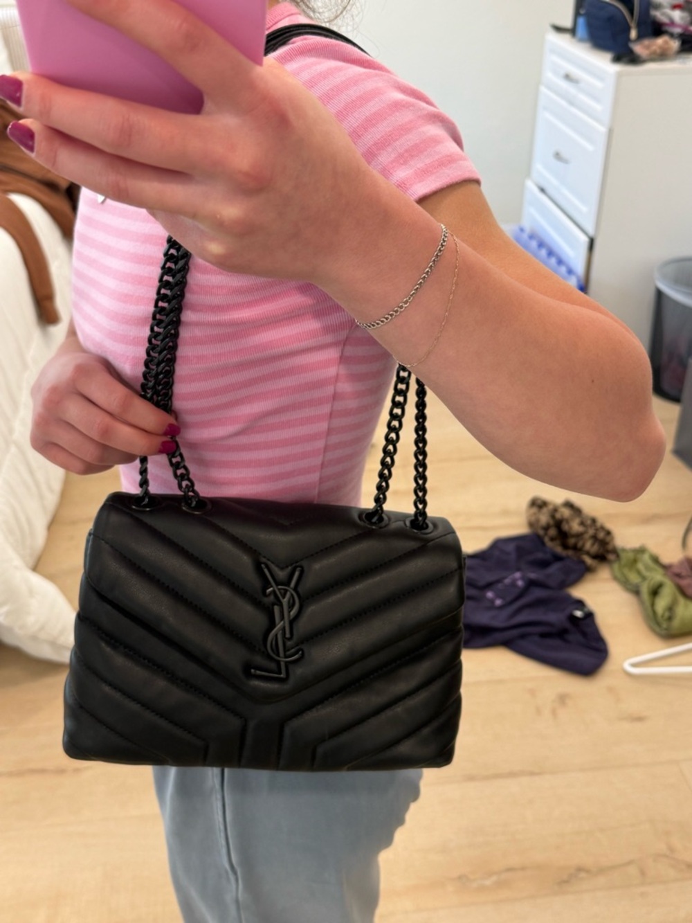 Saint Laurent Black Chevron Quilted Shoulder Bag with Matte YSL - Picture 6 of 6